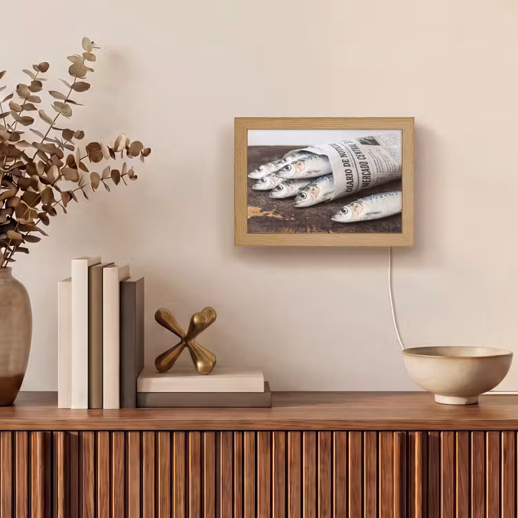 Lightbox - Wandleuchte - Sardine – Zeitung – Schneidebrett - Sardientje - krant - snijplank Light Box met kabel (Wandlamp) klein