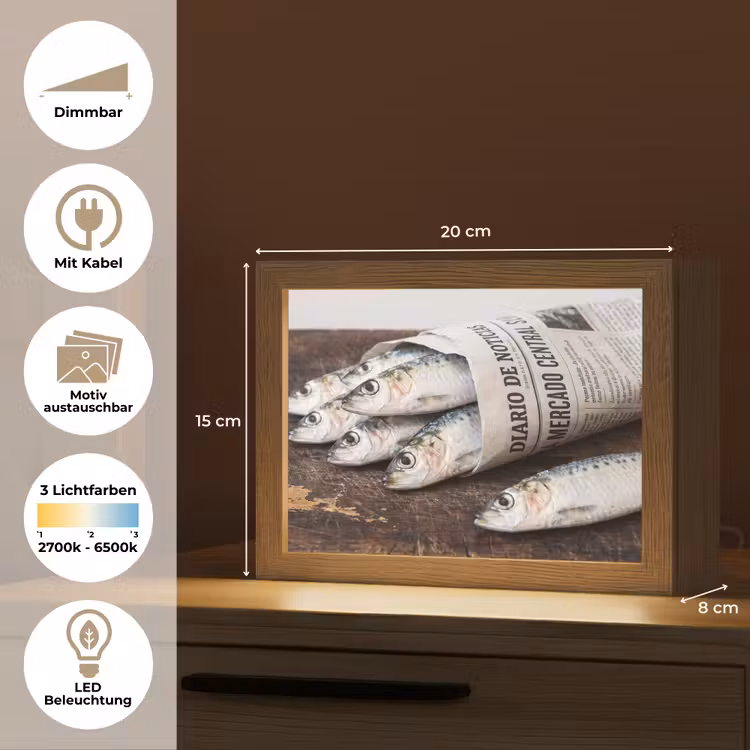 Lightbox - Wandleuchte - Sardine – Zeitung – Schneidebrett - Sardientje - krant - snijplank Light Box met kabel (Wandlamp) klein