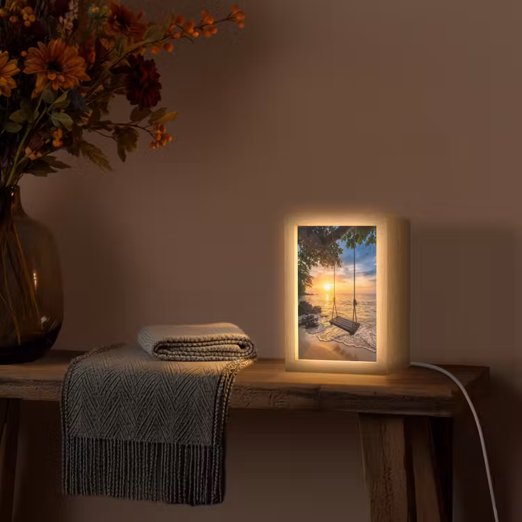 Schommel - Strand - Zonsondergang - Natuur - Oranje Light Box met kabel (Wandlamp) klein -sfeer4
