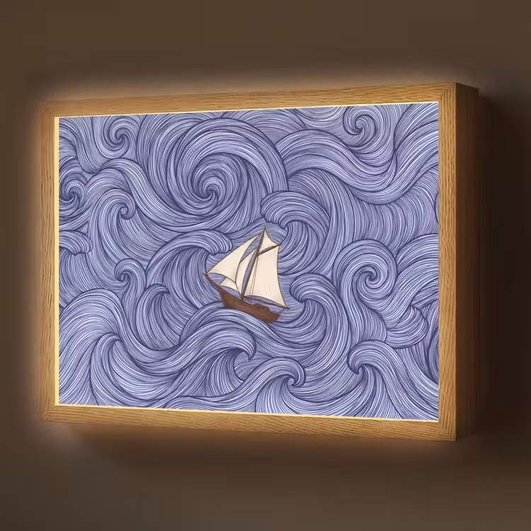Schip - Golven - Zee - Illustratie - Blauw Light Box met batterij (Wandlamp) middel -z3d_website