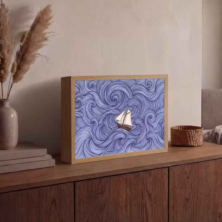 Schip - Golven - Zee - Illustratie - Blauw Light Box met batterij (Wandlamp) middel -sfeer2