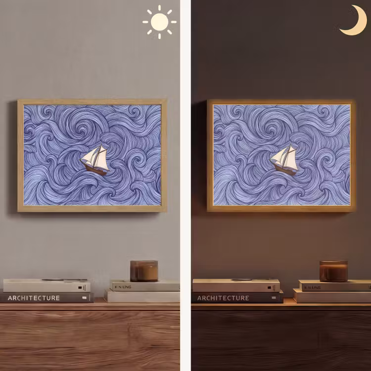 Schip - Golven - Zee - Illustratie - Blauw Light Box met batterij (Wandlamp) middel -sfeer3
