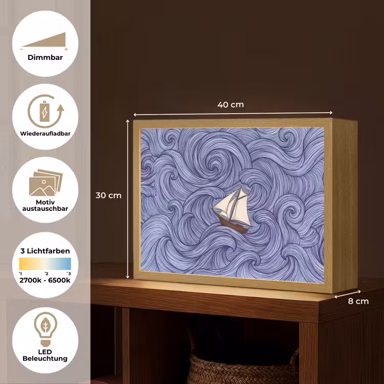 Schip - Golven - Zee - Illustratie - Blauw Light Box met batterij (Wandlamp) middel -USP_websiteoverzichtDE