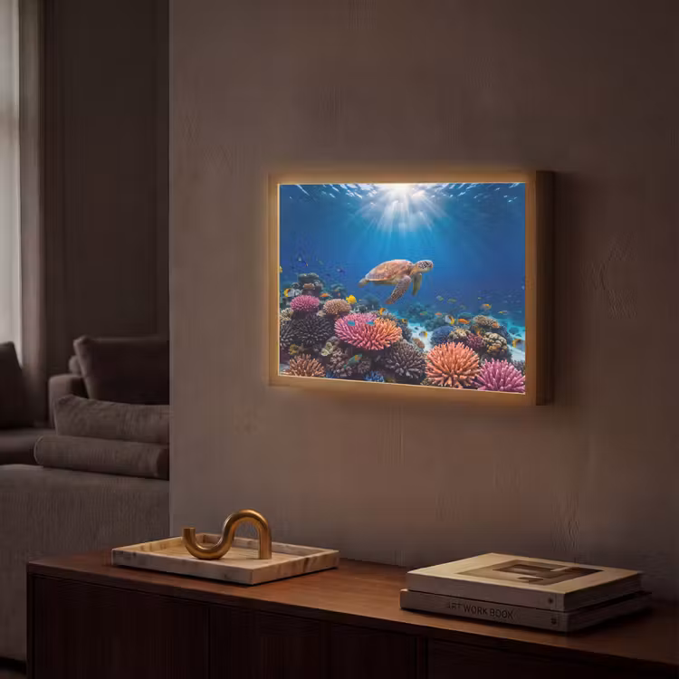 Schildpad - Koraalrif - Oceaan - Dieren - Blauw Light Box met batterij (Wandlamp) middel -sfeer1