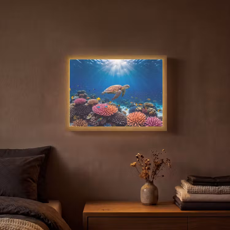Schildpad - Koraalrif - Oceaan - Dieren - Blauw Light Box met batterij (Wandlamp) middel -sfeer4
