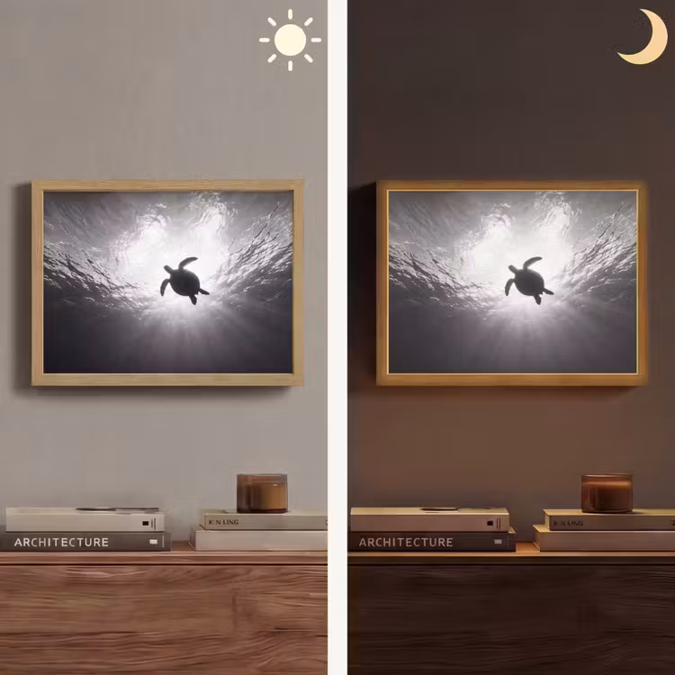 Schildpad - Onderwater - Lichtstralen - Oceaan - Zwart-wit Light Box met batterij (Wandlamp) middel -sfeer3