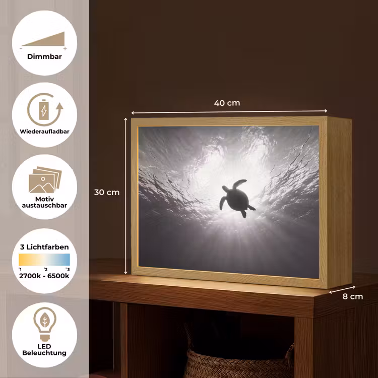 Schildpad - Onderwater - Lichtstralen - Oceaan - Zwart-wit Light Box met batterij (Wandlamp) middel -USP_websiteoverzichtDE