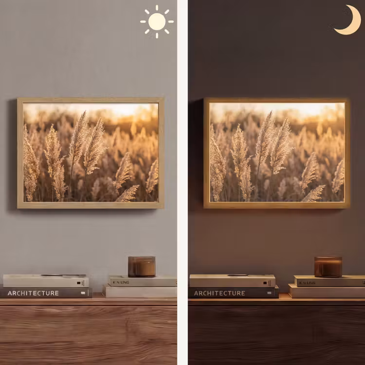 Rietpluimen - Gras - Zonsondergang - Goud - Serene Light Box met batterij (Wandlamp) middel -sfeer3