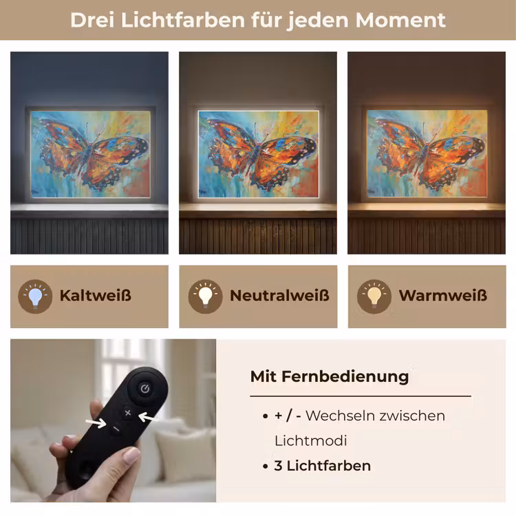 Vlinder - Kleuren - Kunst - Schilderij Light Box met batterij (Wandlamp) middel -USP_lichtkleurDE