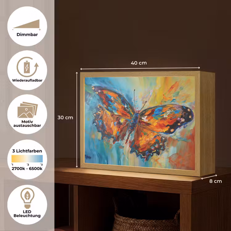 Vlinder - Kleuren - Kunst - Schilderij Light Box met batterij (Wandlamp) middel -USP_websiteoverzichtDE