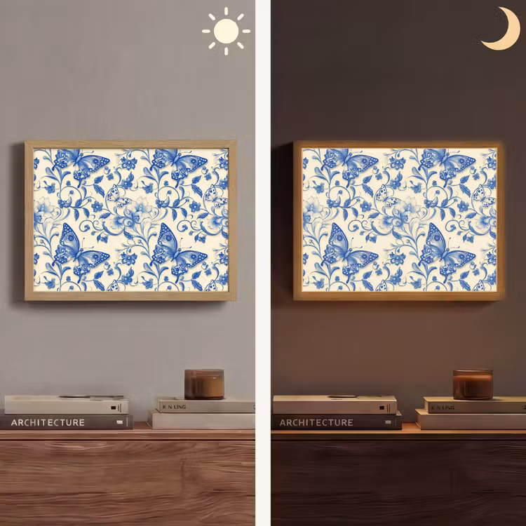 Vlinders - Bloemen - Blauw - Botanisch Light Box met batterij (Wandlamp) middel 907 -sfeer3
