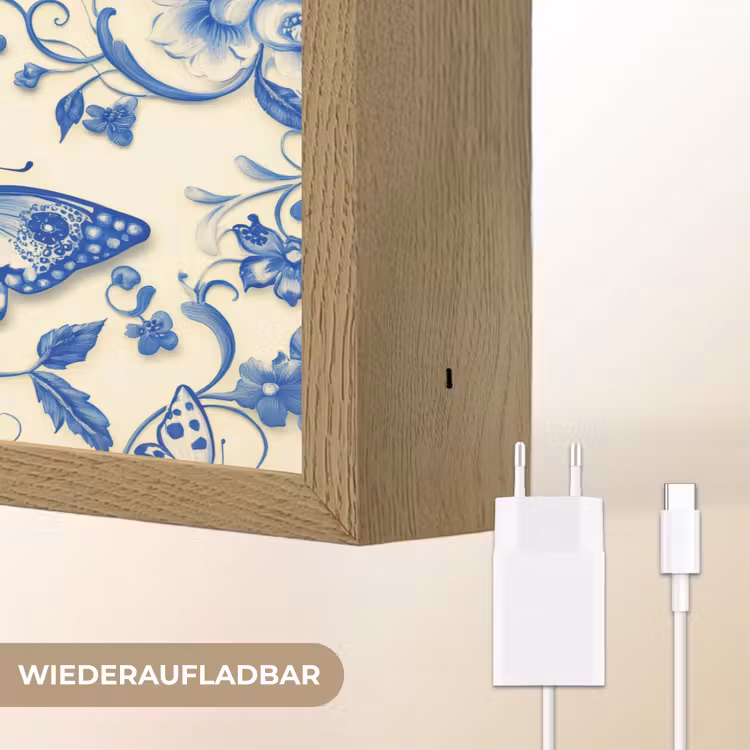 Vlinders - Bloemen - Blauw - Botanisch Light Box met batterij (Wandlamp) middel 907 -USP_websiteoplaadbaarDE