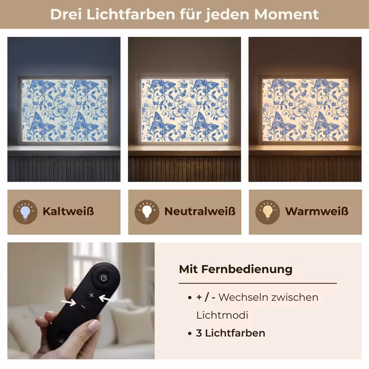 Vlinders - Bloemen - Blauw - Botanisch Light Box met batterij (Wandlamp) middel 907 -USP_lichtkleurDE