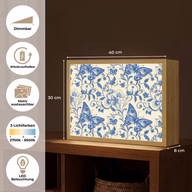 Vlinders - Bloemen - Blauw - Botanisch Light Box met batterij (Wandlamp) middel 907 -USP_websiteoverzichtDE