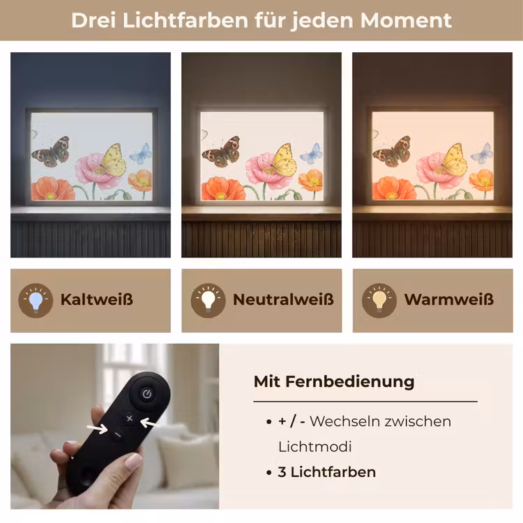 Vlinders - Klaprozen - Illustratie - Kleurrijk Light Box met batterij (Wandlamp) middel -USP_lichtkleurDE