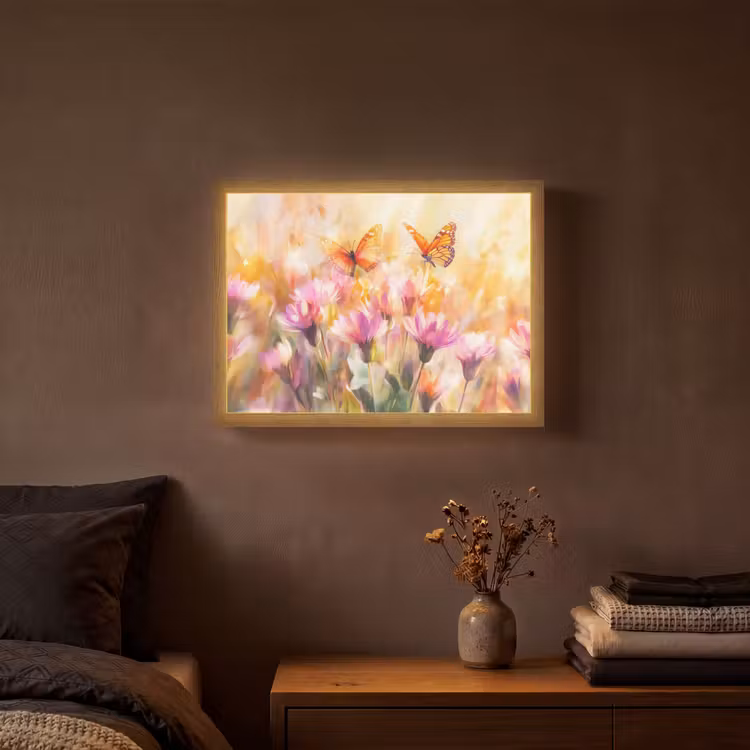Vlinders - Oranje - Bloemen Light Box met batterij (Wandlamp) middel -sfeer4