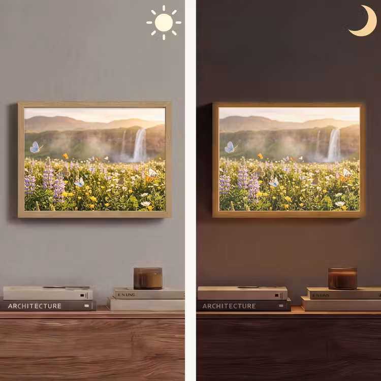 Vlinders - Waterval - Bloemenveld Light Box met batterij (Wandlamp) middel -sfeer3