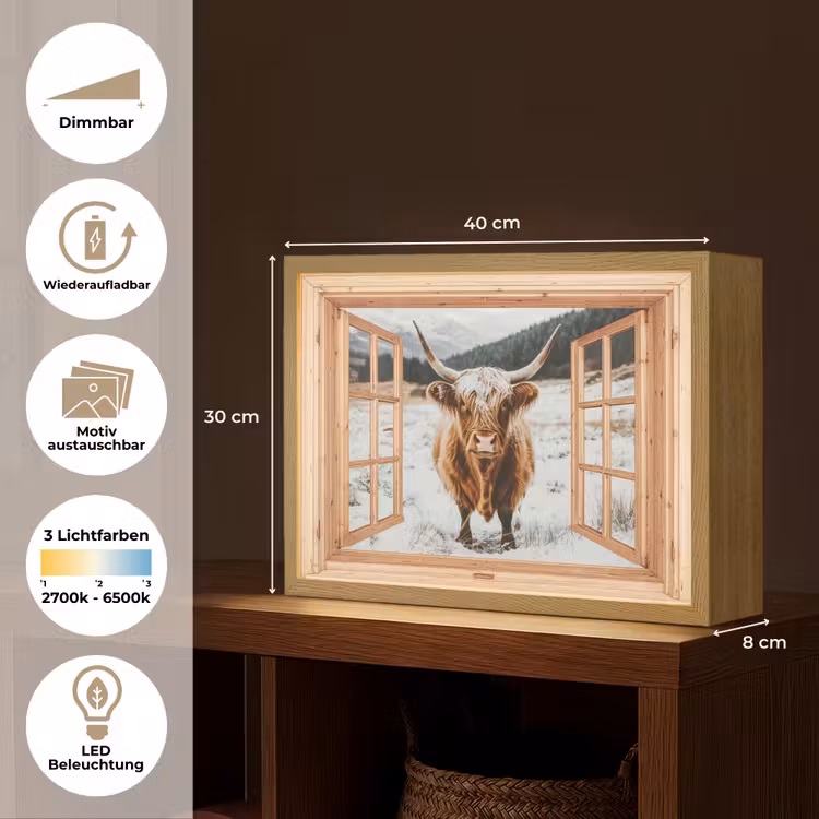 Schotse Hooglander - Landschap - Landelijk - Bergen - Winter - Doorkijk Light Box met batterij (Wandlamp) middel -USP_websiteoverzichtDE
