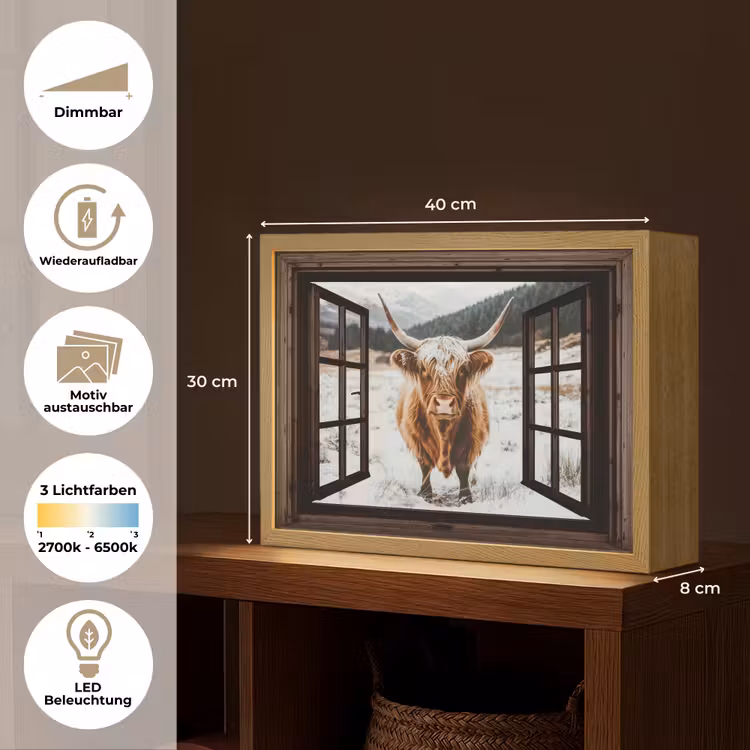 Schotse Hooglander - Landschap - Landelijk - Bergen - Winter - Doorkijk - Donker Light Box met batterij (Wandlamp) middel -USP_websiteoverzichtDE