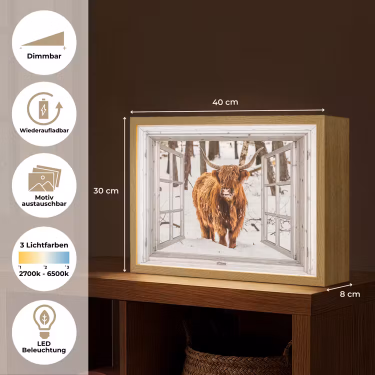 Schotse Hooglander - Sneeuw - Winter - Natuur - Dier - Doorkijk - Landelijk Light Box met batterij (Wandlamp) middel -USP_websiteoverzichtDE