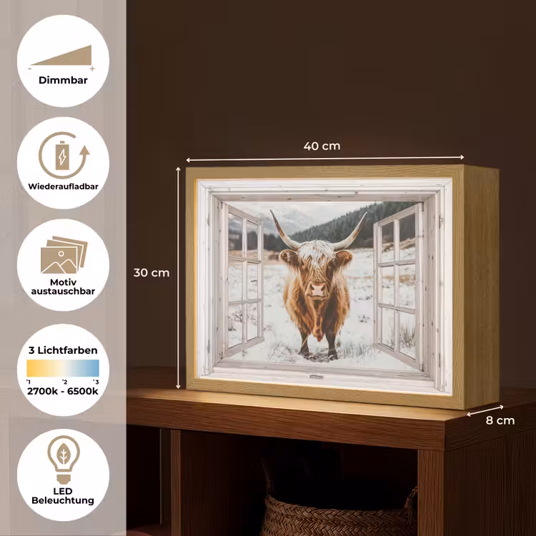 Schotse Hooglander - Winterlandschap - Landelijk - Bergen - Doorkijk Light Box met batterij (Wandlamp) middel -USP_websiteoverzichtDE