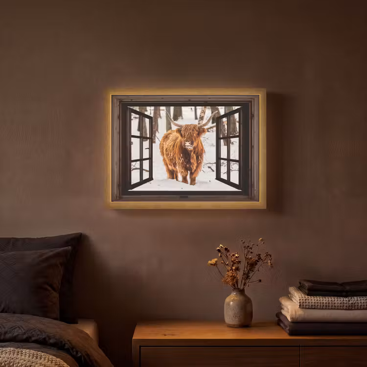 Schotse Hooglander - Sneeuw - Natuur - Dieren - Doorkijk - Winter Light Box met batterij (Wandlamp) middel -sfeer4