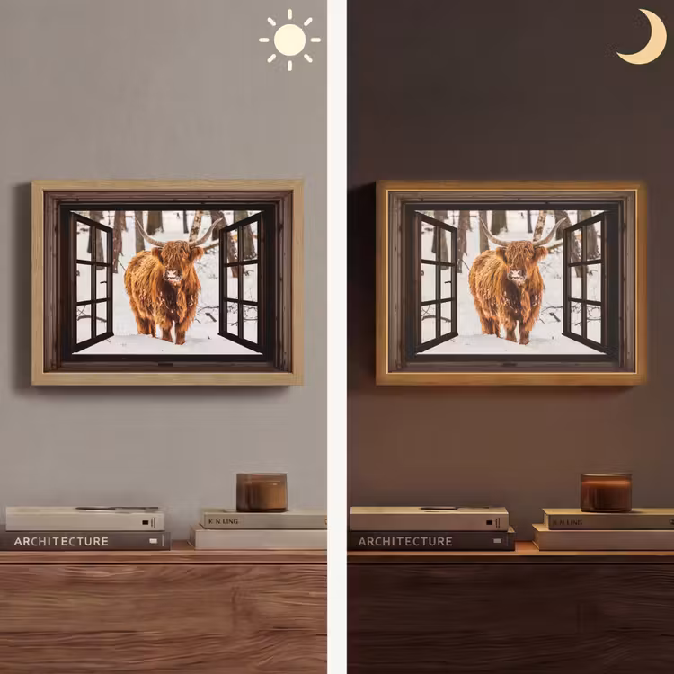 Schotse Hooglander - Sneeuw - Natuur - Dieren - Doorkijk - Winter Light Box met batterij (Wandlamp) middel -sfeer3