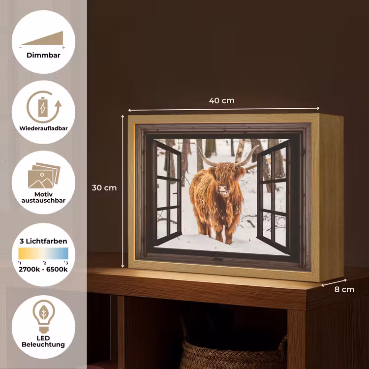 Schotse Hooglander - Sneeuw - Natuur - Dieren - Doorkijk - Winter Light Box met batterij (Wandlamp) middel -USP_websiteoverzichtDE