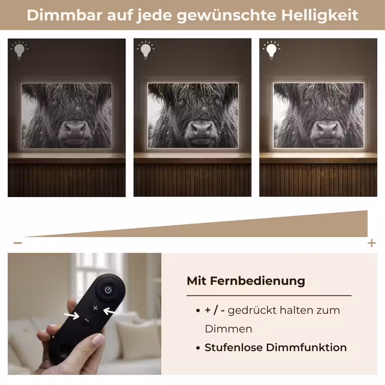 Schotse hooglander - Zwart - Wit - Sneeuwvlokken Light Box met batterij (Wandlamp) middel -USP_dimbaarDE