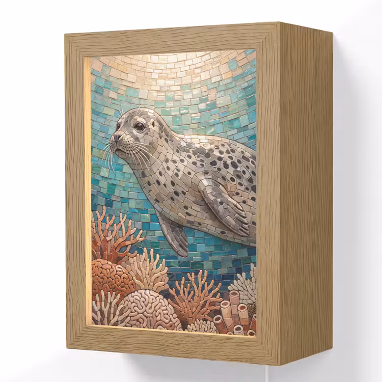 Zeehond - Mozaïek - Onderwater - Dieren - Blauw Light Box met kabel (Wandlamp) klein -3d