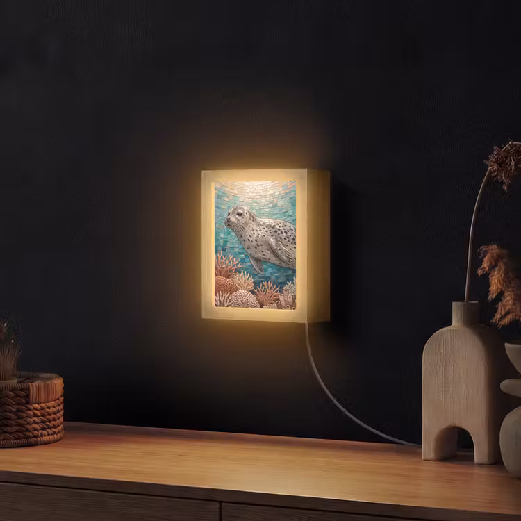 Zeehond - Mozaïek - Onderwater - Dieren - Blauw Light Box met kabel (Wandlamp) klein -sfeer1