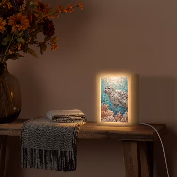 Zeehond - Mozaïek - Onderwater - Dieren - Blauw Light Box met kabel (Wandlamp) klein -sfeer4