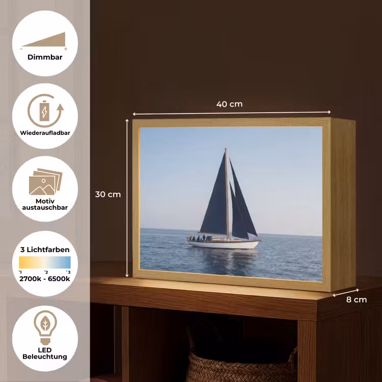Zeilboot - Zee - Blauw Light Box met batterij (Wandlamp) middel -USP_websiteoverzichtDE