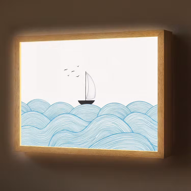 Zeilboot - Golven - Zee - Illustratie - Blauw Light Box met batterij (Wandlamp) middel -z3d_website