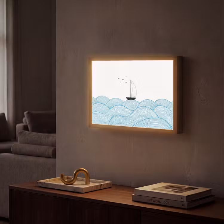 Zeilboot - Golven - Zee - Illustratie - Blauw Light Box met batterij (Wandlamp) middel -sfeer1