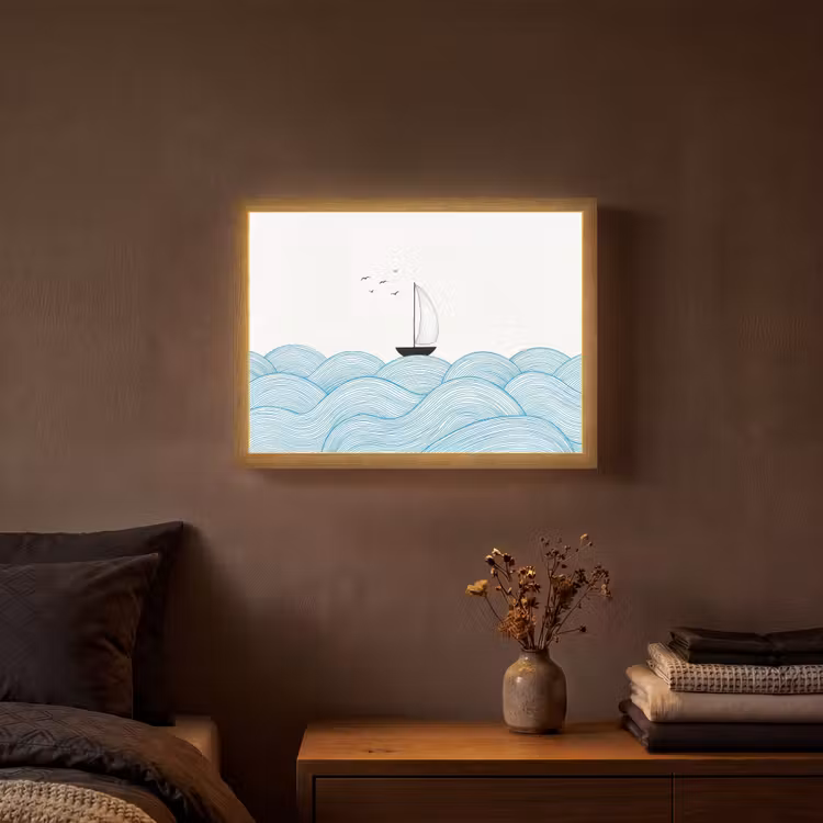 Zeilboot - Golven - Zee - Illustratie - Blauw Light Box met batterij (Wandlamp) middel -sfeer4