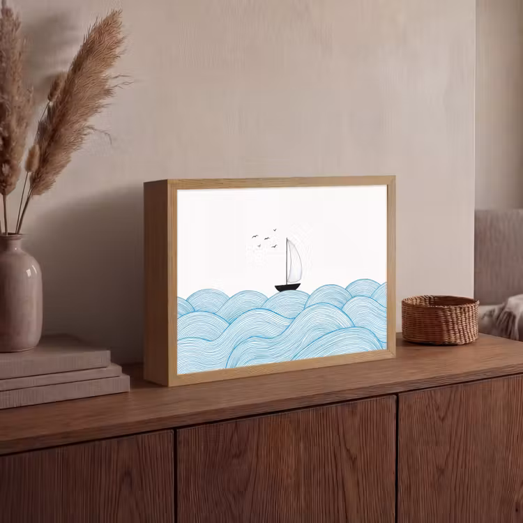 Zeilboot - Golven - Zee - Illustratie - Blauw Light Box met batterij (Wandlamp) middel -sfeer2