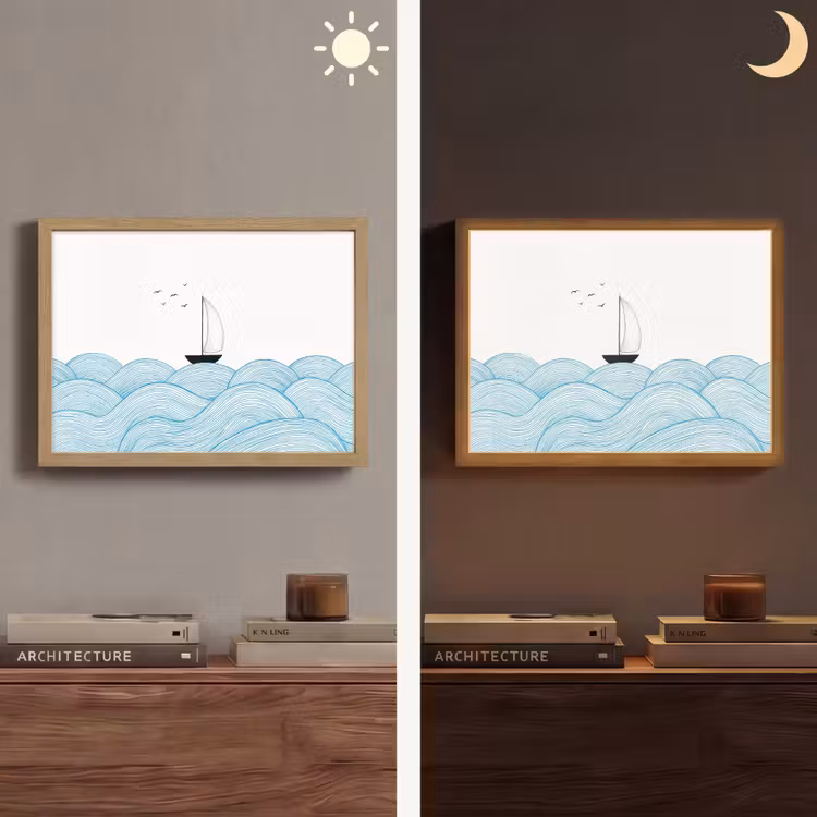 Zeilboot - Golven - Zee - Illustratie - Blauw Light Box met batterij (Wandlamp) middel -sfeer3