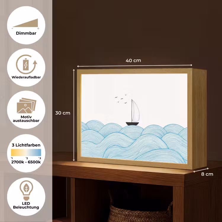 Zeilboot - Golven - Zee - Illustratie - Blauw Light Box met batterij (Wandlamp) middel -USP_websiteoverzichtDE