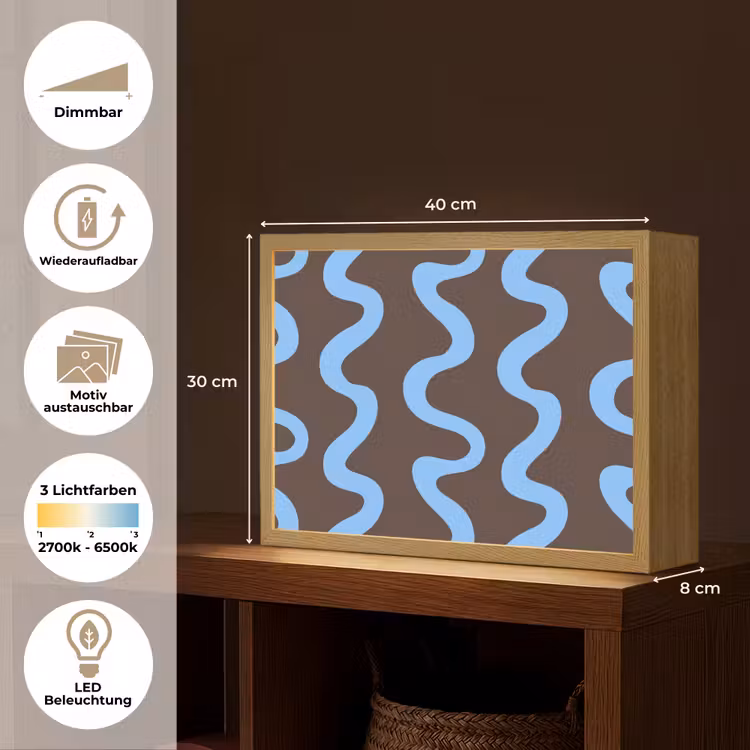 Kronkelende lijnen - Blauw - Bruin - Minimalistisch Light Box met batterij (Wandlamp) middel 907 -USP_websiteoverzichtDE