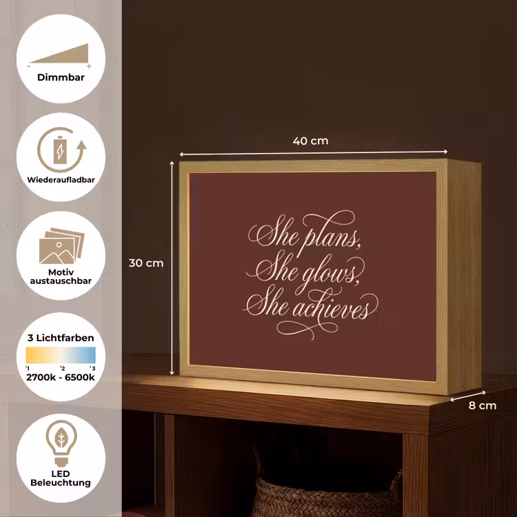 She plans she glows she achieves - Rood - Cursief Light Box met batterij (Wandlamp) middel -USP_websiteoverzichtDE
