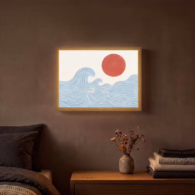 Zon - Golven - Oceaan - Abstract - Rood Light Box met batterij (Wandlamp) middel -sfeer4