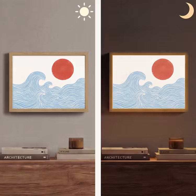 Zon - Golven - Oceaan - Abstract - Rood Light Box met batterij (Wandlamp) middel -sfeer3