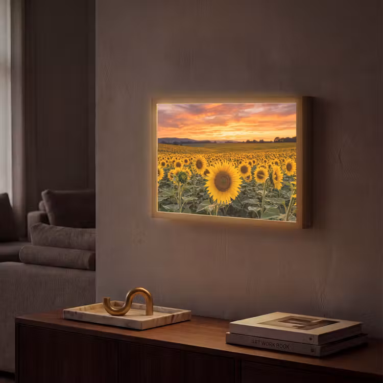 Zonnebloemen - Heuvellandschap - Geel Light Box met batterij (Wandlamp) middel -sfeer1