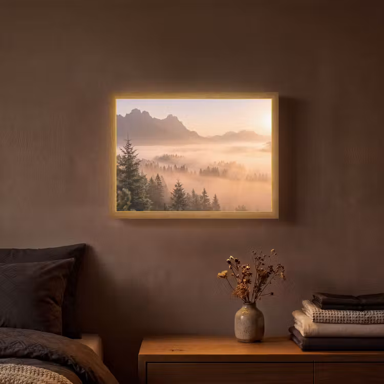 Zonlicht - Mist - Bergen - Bomen Light Box met batterij (Wandlamp) middel -sfeer4