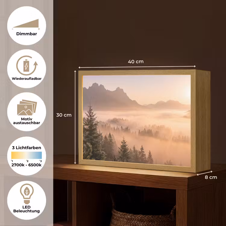 Zonlicht - Mist - Bergen - Bomen Light Box met batterij (Wandlamp) middel -USP_websiteoverzichtDE