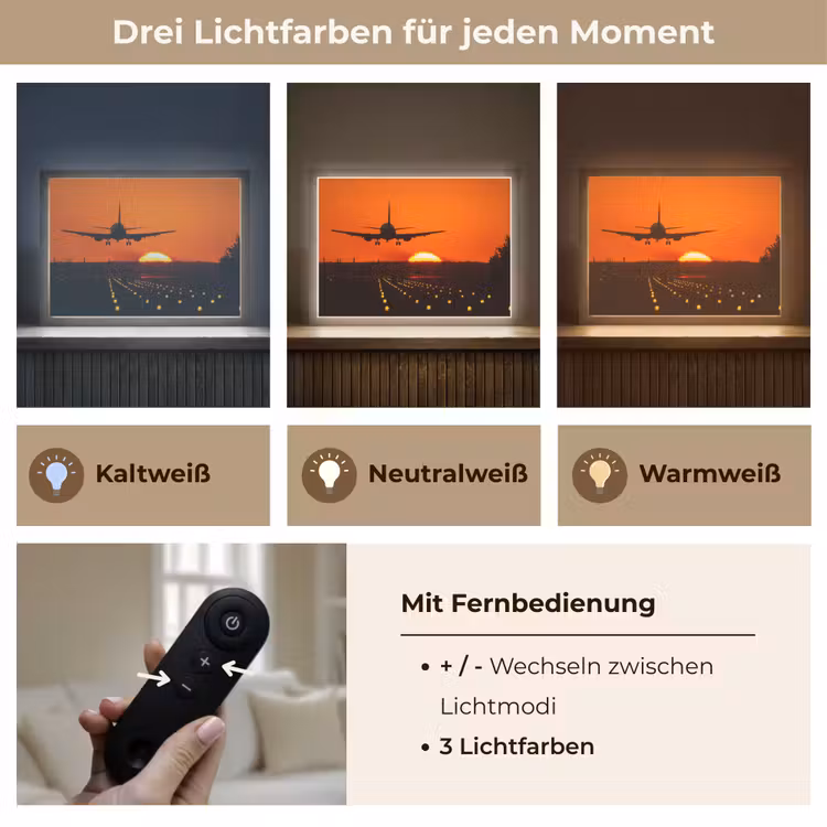 Zonsondergang - Vliegtuig - Oranje - Zon Light Box met batterij (Wandlamp) middel -USP_lichtkleurDE