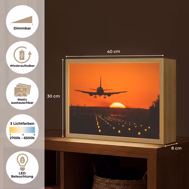 Zonsondergang - Vliegtuig - Oranje - Zon Light Box met batterij (Wandlamp) middel -USP_websiteoverzichtDE