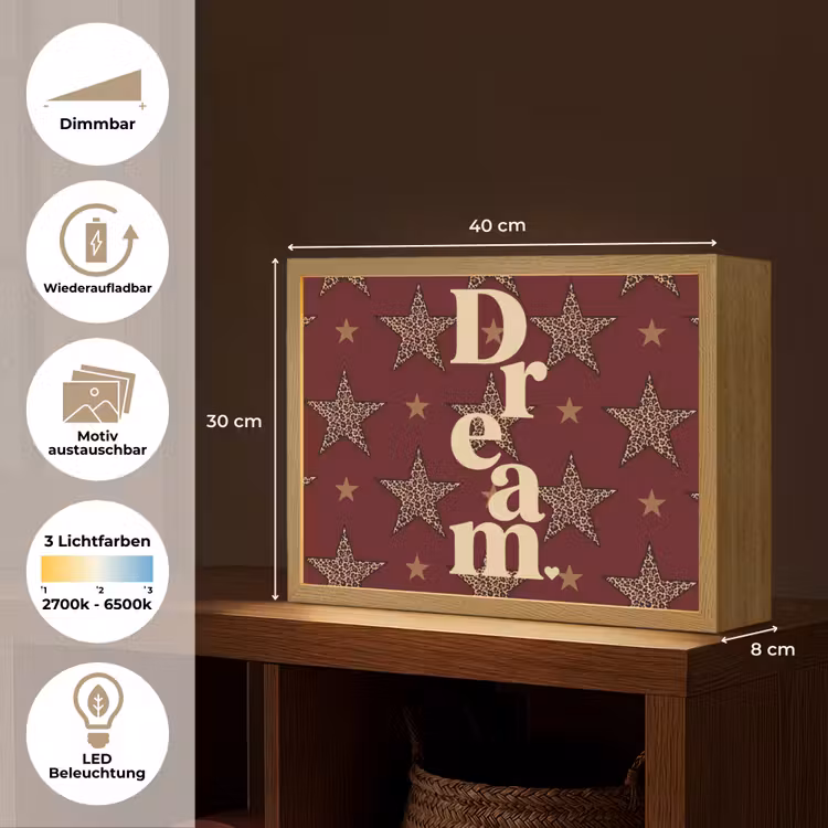 Sterren - Luipaardprint - Dream - Bordeaux Light Box met batterij (Wandlamp) middel -USP_websiteoverzichtDE
