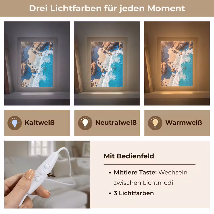 Strand - Zee - Rotsen - Natuur - Blauw Light Box met kabel (Wandlamp) klein -USP_lichtkleurDE